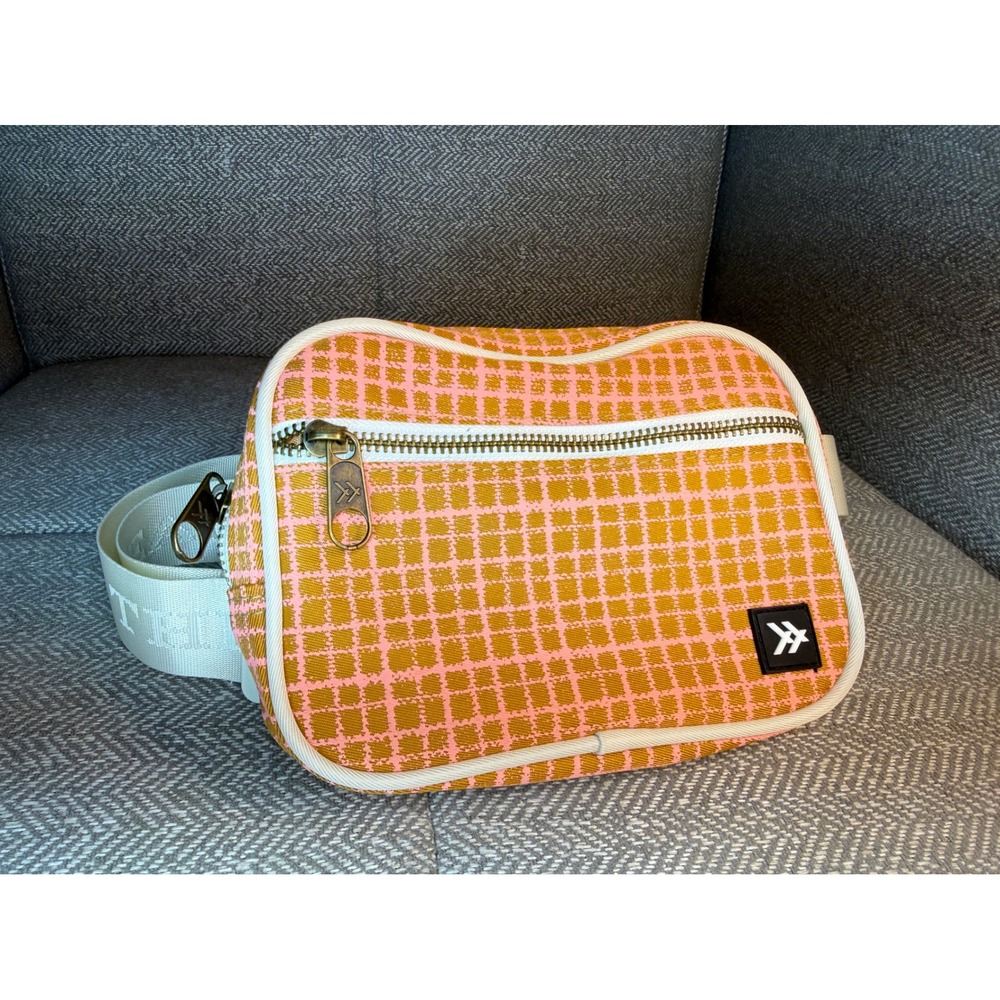 Thread Wallets Crossbody Bag Pink Mustard Yellow Grid Pattern Adjustable Strap